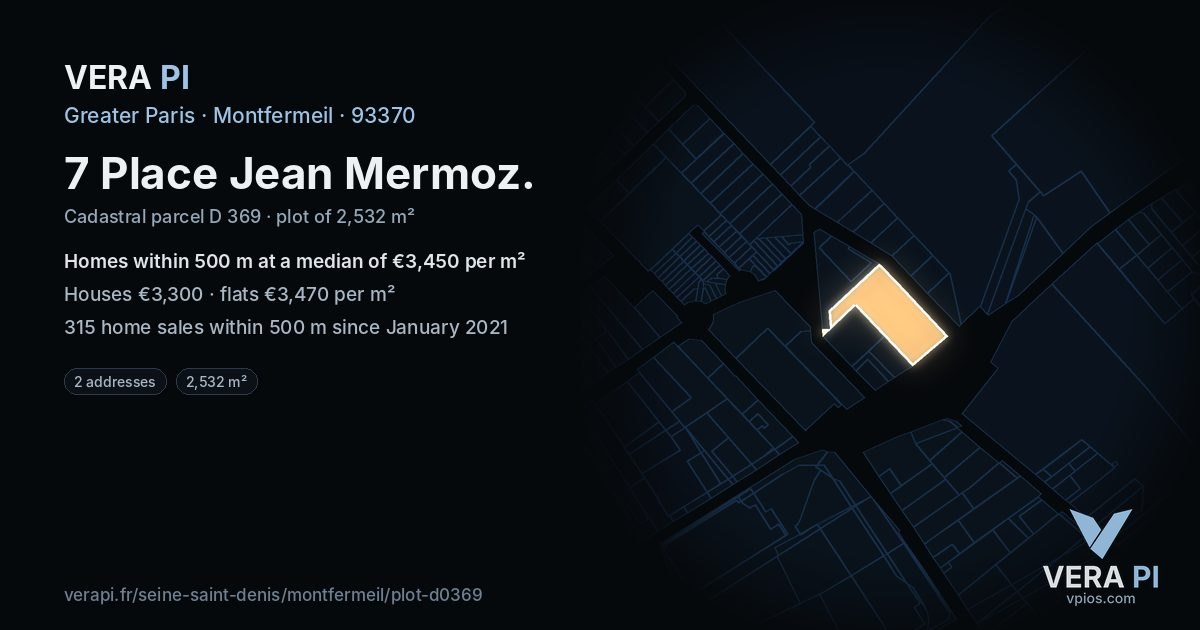 7 Place Jean Mermoz, Montfermeil at night – the plot lit, the parcels around coloured by the prices near them