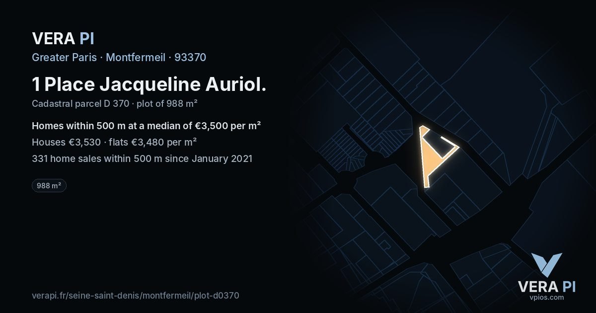 1 Place Jacqueline Auriol, Montfermeil at night – the plot lit, the parcels around coloured by the prices near them