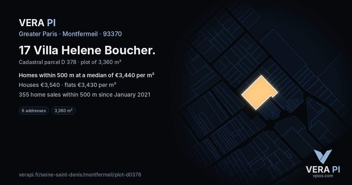 17 Villa Helene Boucher, Montfermeil at night – the plot lit, the parcels around coloured by the prices near them