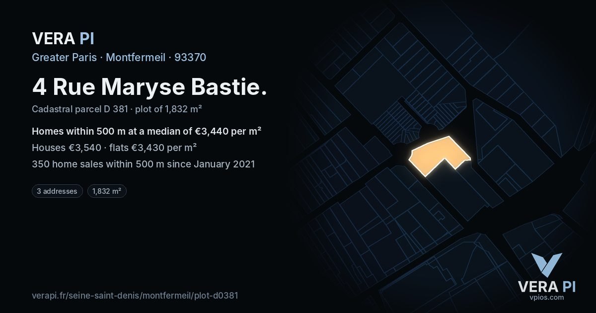 4 Rue Maryse Bastie, Montfermeil at night – the plot lit, the parcels around coloured by the prices near them
