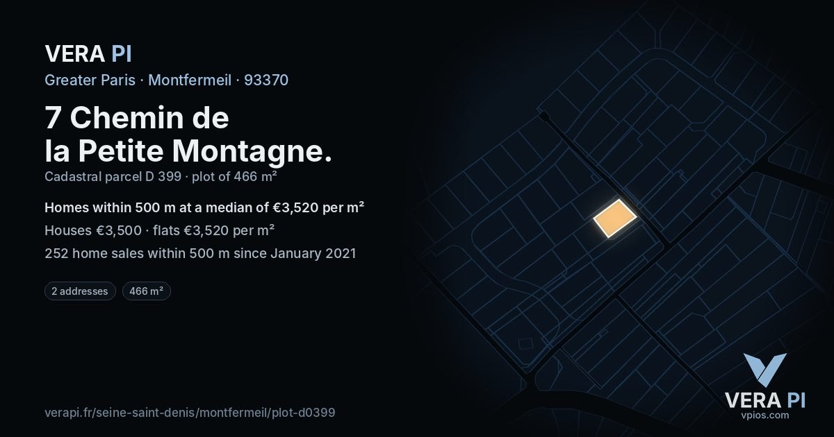 7 Chemin de la Petite Montagne, Montfermeil at night – the plot lit, the parcels around coloured by the prices near them