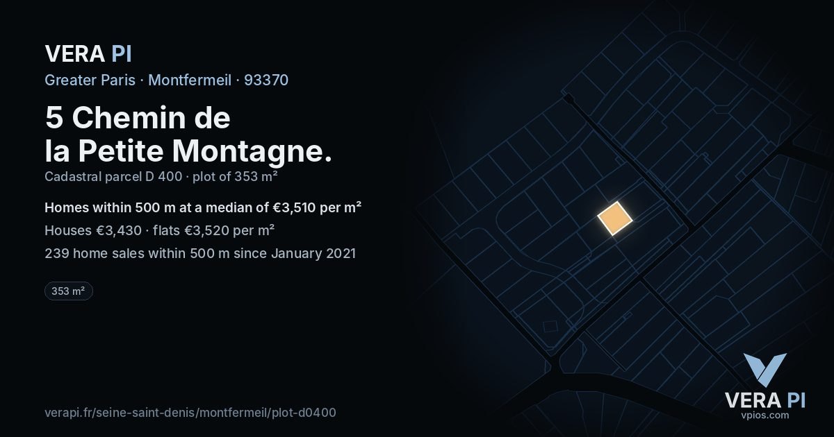 5 Chemin de la Petite Montagne, Montfermeil at night – the plot lit, the parcels around coloured by the prices near them