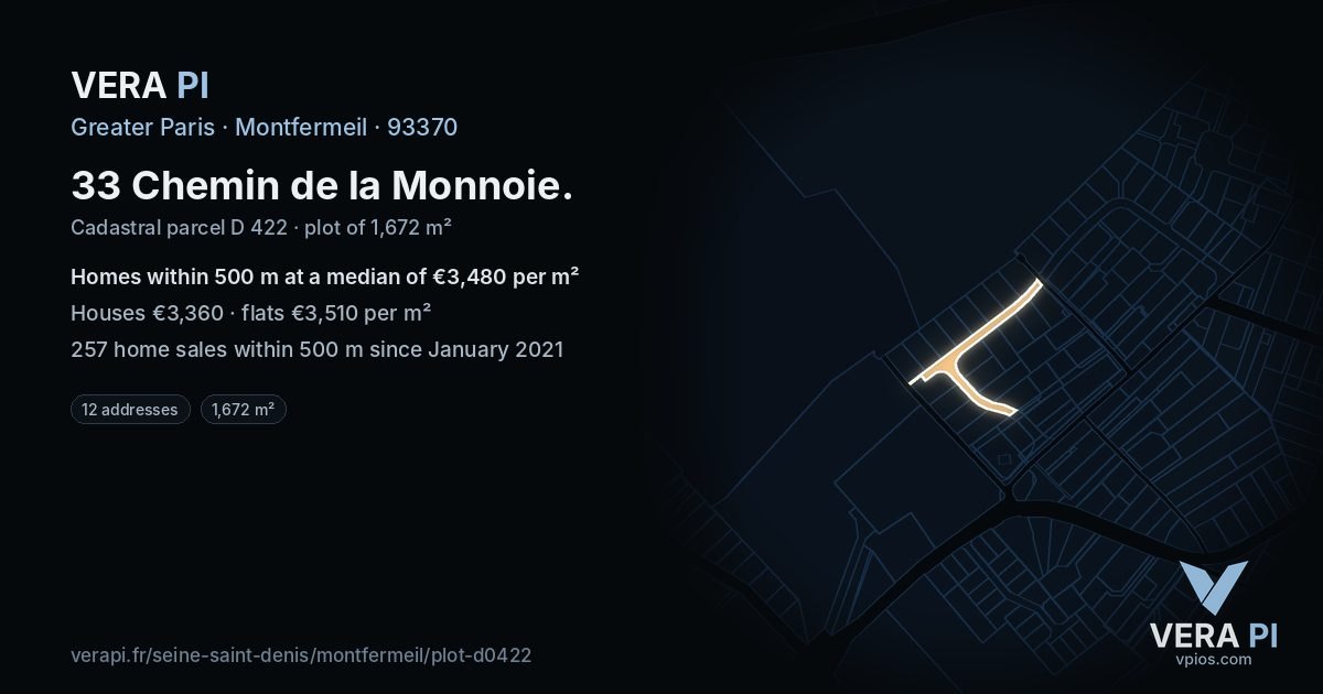 33 Chemin de la Monnoie, Montfermeil at night – the plot lit, the parcels around coloured by the prices near them