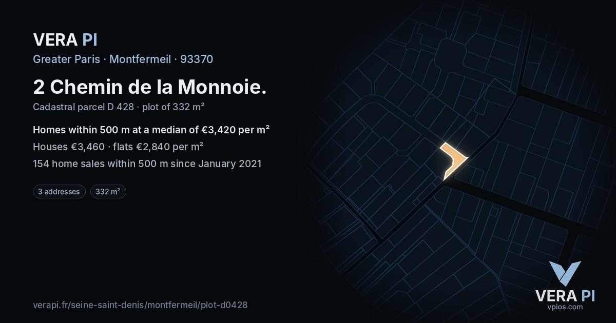 2 Chemin de la Monnoie, Montfermeil at night – the plot lit, the parcels around coloured by the prices near them