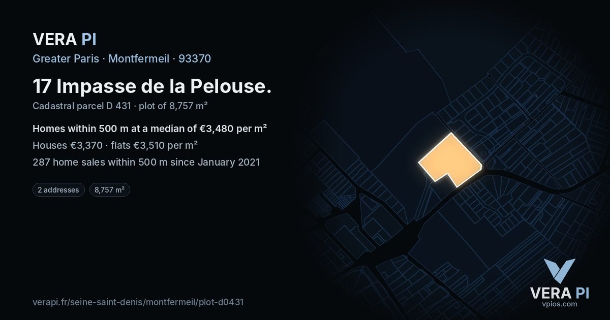 17 Impasse de la Pelouse, Montfermeil at night – the plot lit, the parcels around coloured by the prices near them
