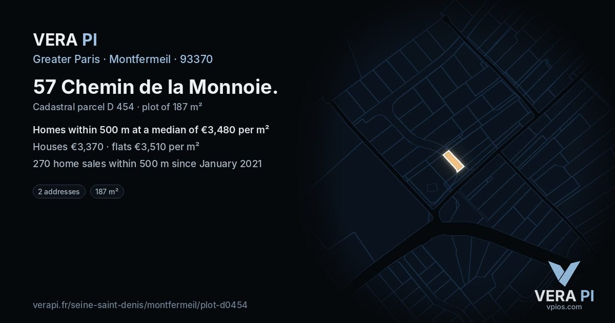57 Chemin de la Monnoie, Montfermeil at night – the plot lit, the parcels around coloured by the prices near them