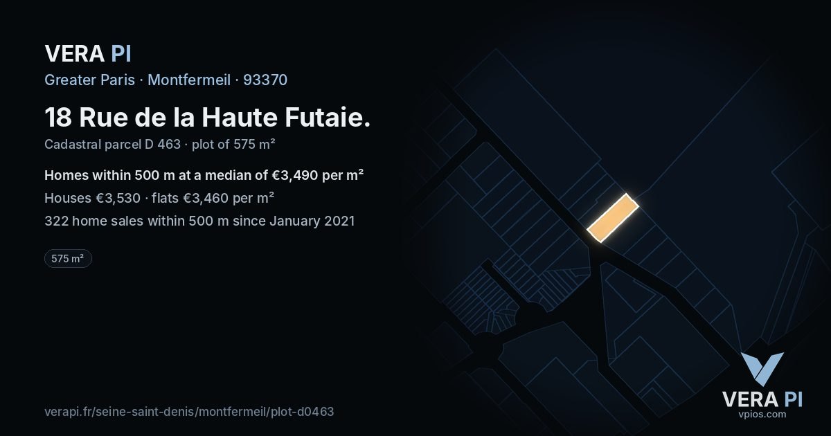18 Rue de la Haute Futaie, Montfermeil at night – the plot lit, the parcels around coloured by the prices near them