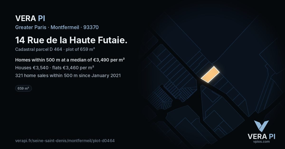 14 Rue de la Haute Futaie, Montfermeil at night – the plot lit, the parcels around coloured by the prices near them
