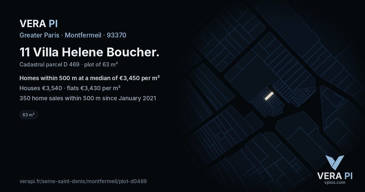 11 Villa Helene Boucher, Montfermeil at night – the plot lit, the parcels around coloured by the prices near them