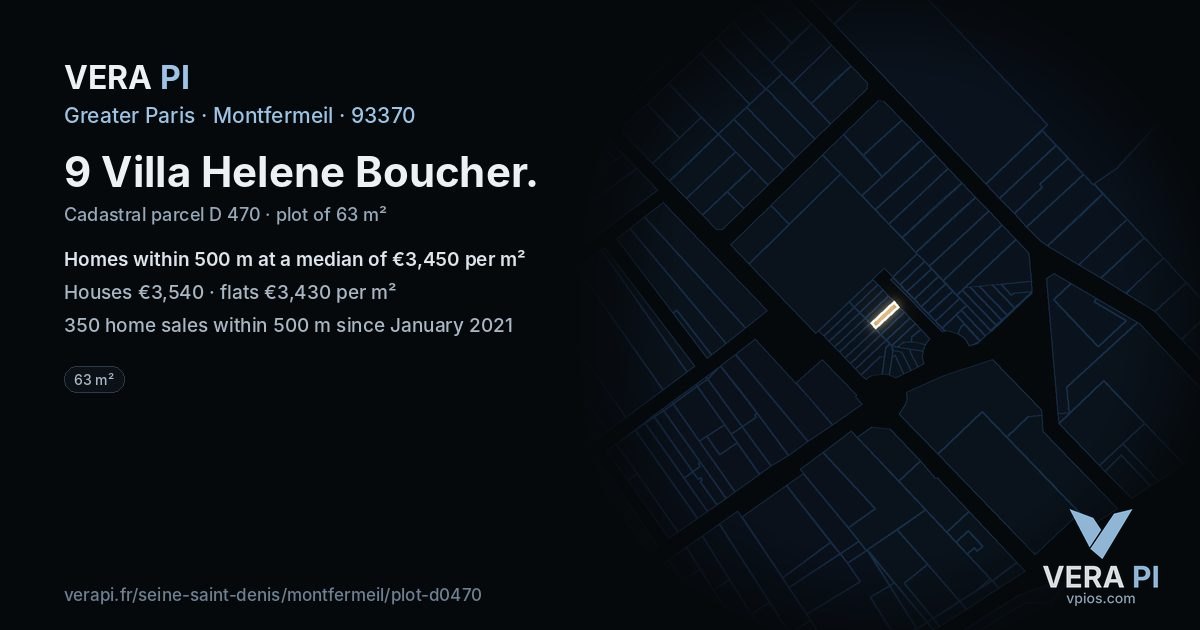 9 Villa Helene Boucher, Montfermeil at night – the plot lit, the parcels around coloured by the prices near them