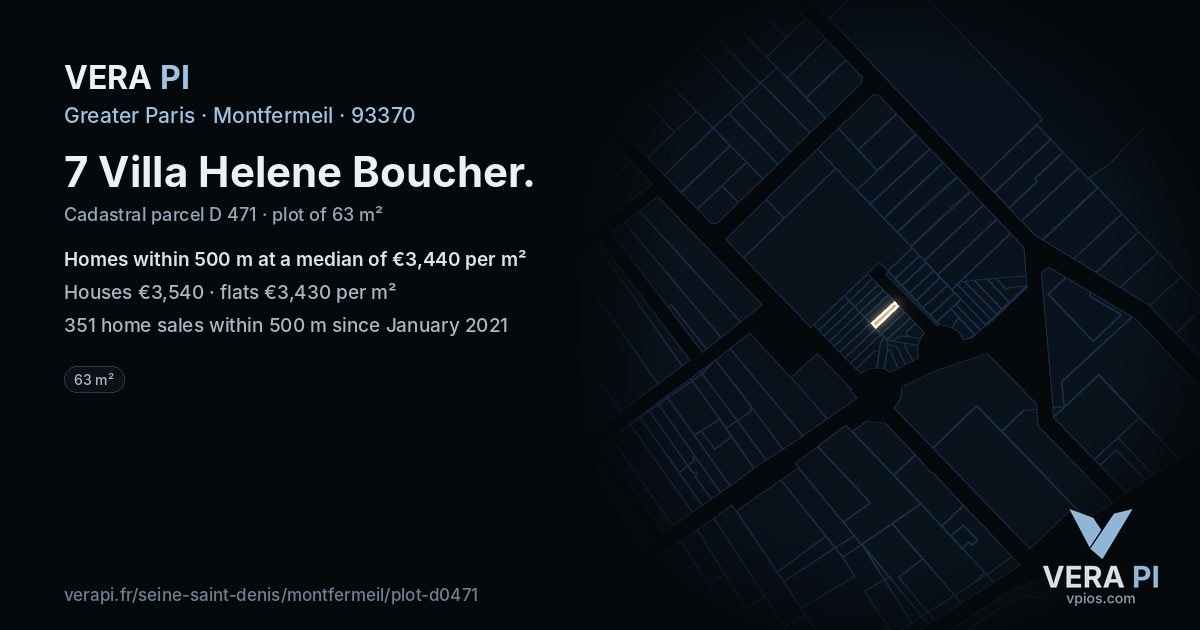 7 Villa Helene Boucher, Montfermeil at night – the plot lit, the parcels around coloured by the prices near them