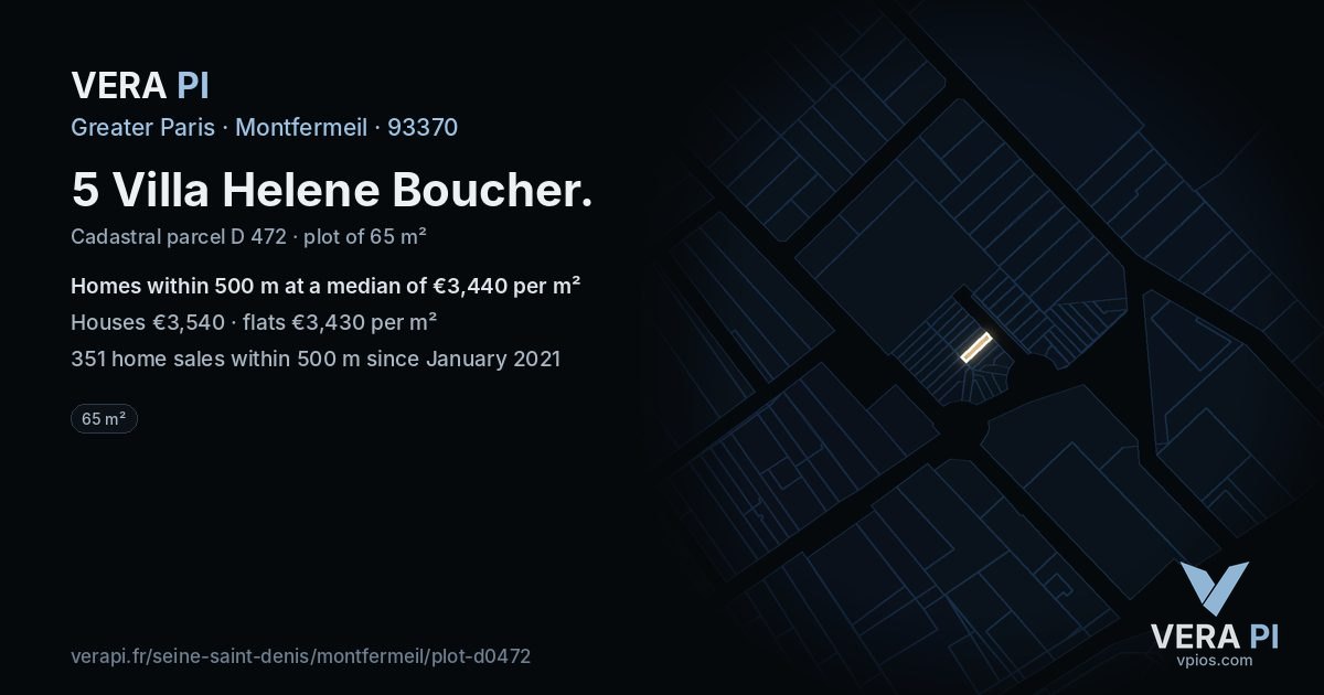 5 Villa Helene Boucher, Montfermeil at night – the plot lit, the parcels around coloured by the prices near them