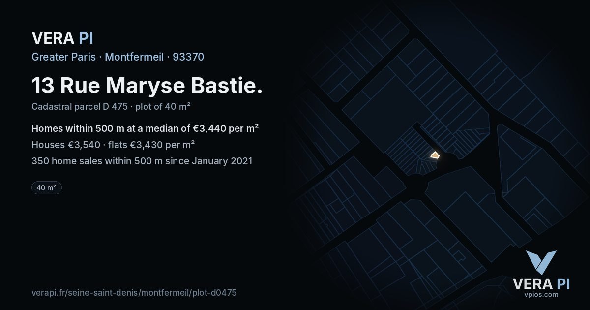 13 Rue Maryse Bastie, Montfermeil at night – the plot lit, the parcels around coloured by the prices near them
