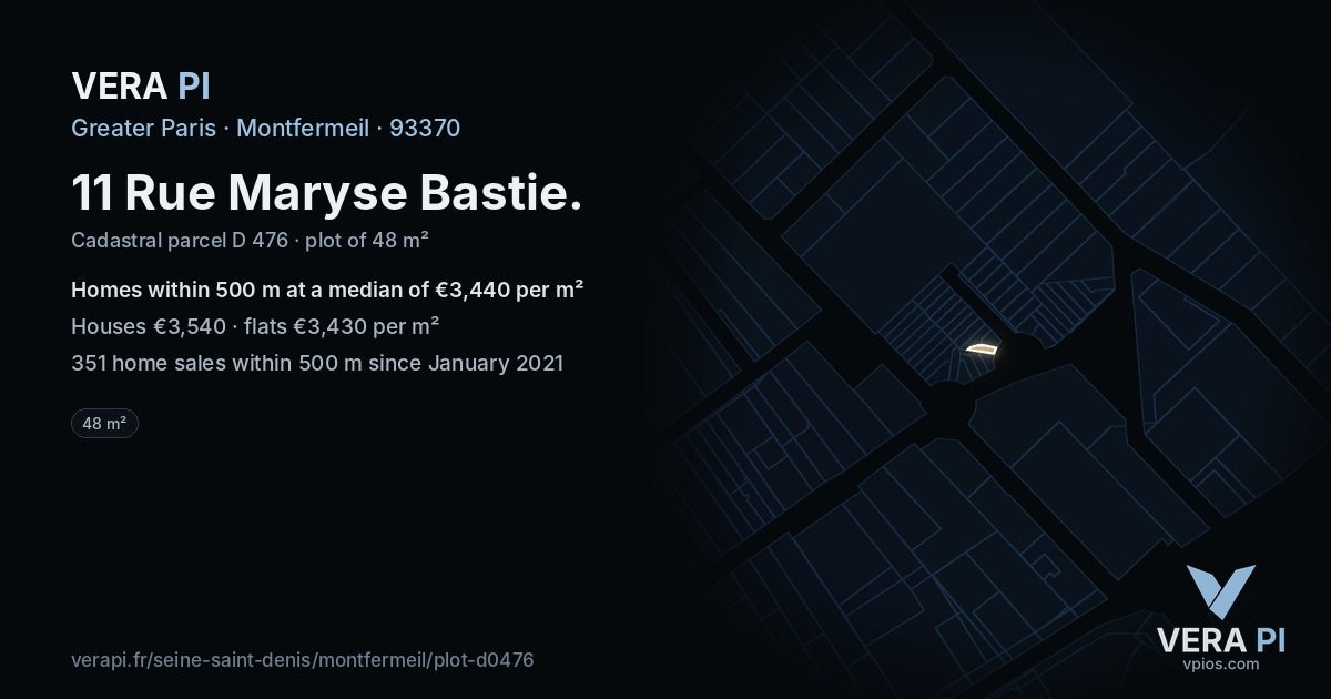 11 Rue Maryse Bastie, Montfermeil at night – the plot lit, the parcels around coloured by the prices near them
