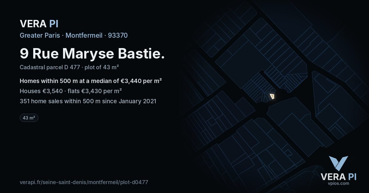 9 Rue Maryse Bastie, Montfermeil at night – the plot lit, the parcels around coloured by the prices near them