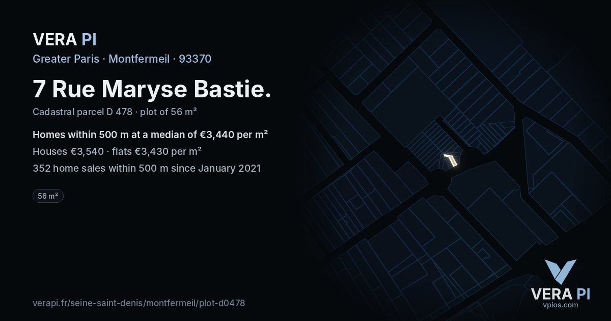 7 Rue Maryse Bastie, Montfermeil at night – the plot lit, the parcels around coloured by the prices near them