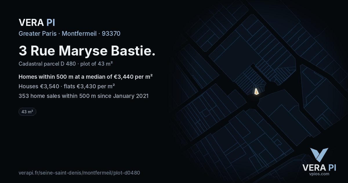 3 Rue Maryse Bastie, Montfermeil at night – the plot lit, the parcels around coloured by the prices near them