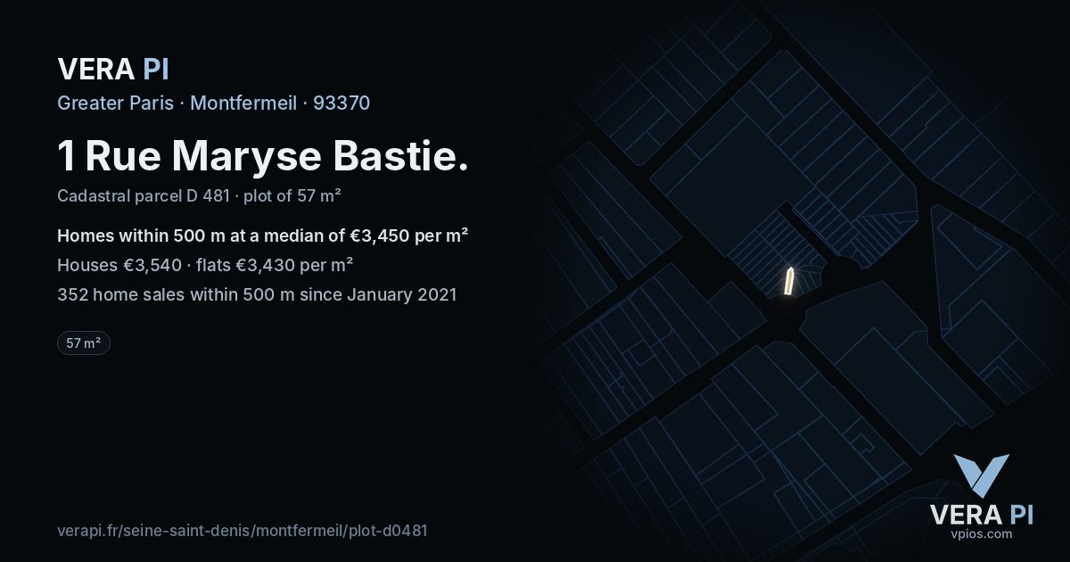 1 Rue Maryse Bastie, Montfermeil at night – the plot lit, the parcels around coloured by the prices near them