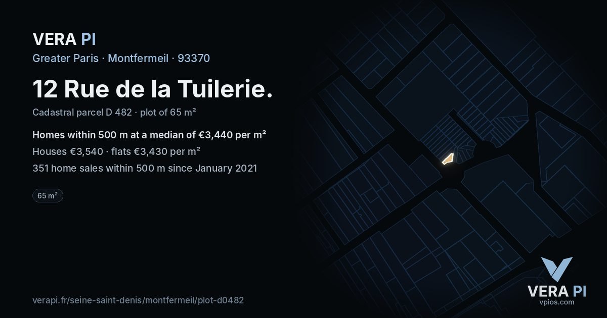 12 Rue de la Tuilerie, Montfermeil at night – the plot lit, the parcels around coloured by the prices near them