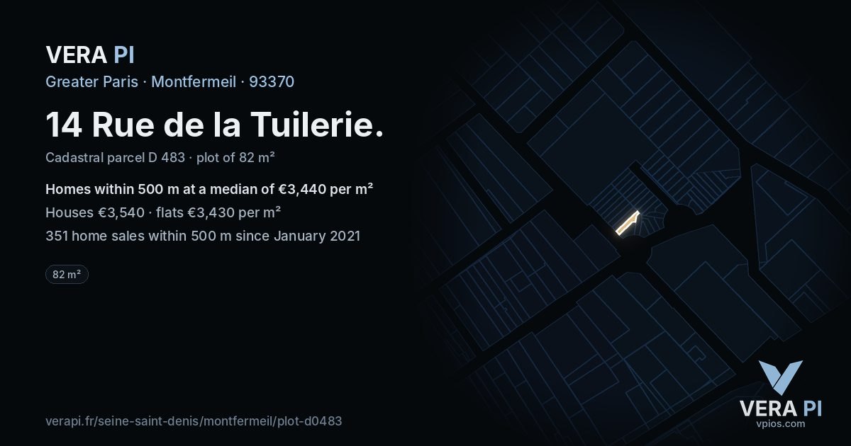 14 Rue de la Tuilerie, Montfermeil at night – the plot lit, the parcels around coloured by the prices near them