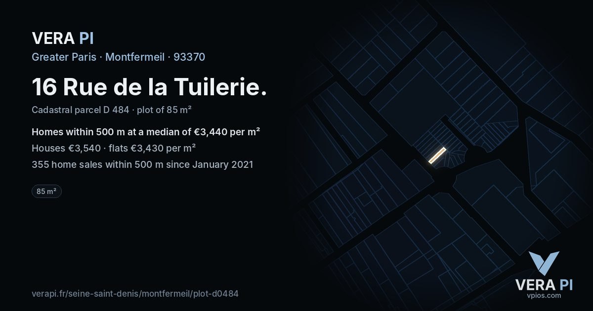 16 Rue de la Tuilerie, Montfermeil at night – the plot lit, the parcels around coloured by the prices near them