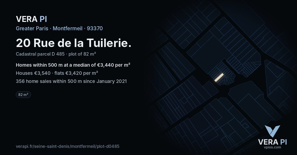 20 Rue de la Tuilerie, Montfermeil at night – the plot lit, the parcels around coloured by the prices near them