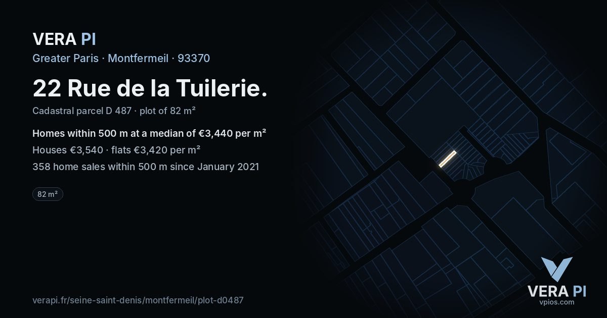 22 Rue de la Tuilerie, Montfermeil at night – the plot lit, the parcels around coloured by the prices near them