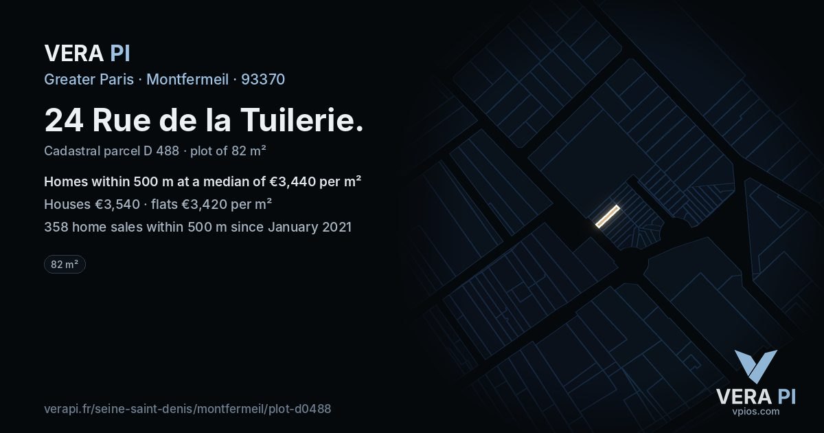 24 Rue de la Tuilerie, Montfermeil at night – the plot lit, the parcels around coloured by the prices near them