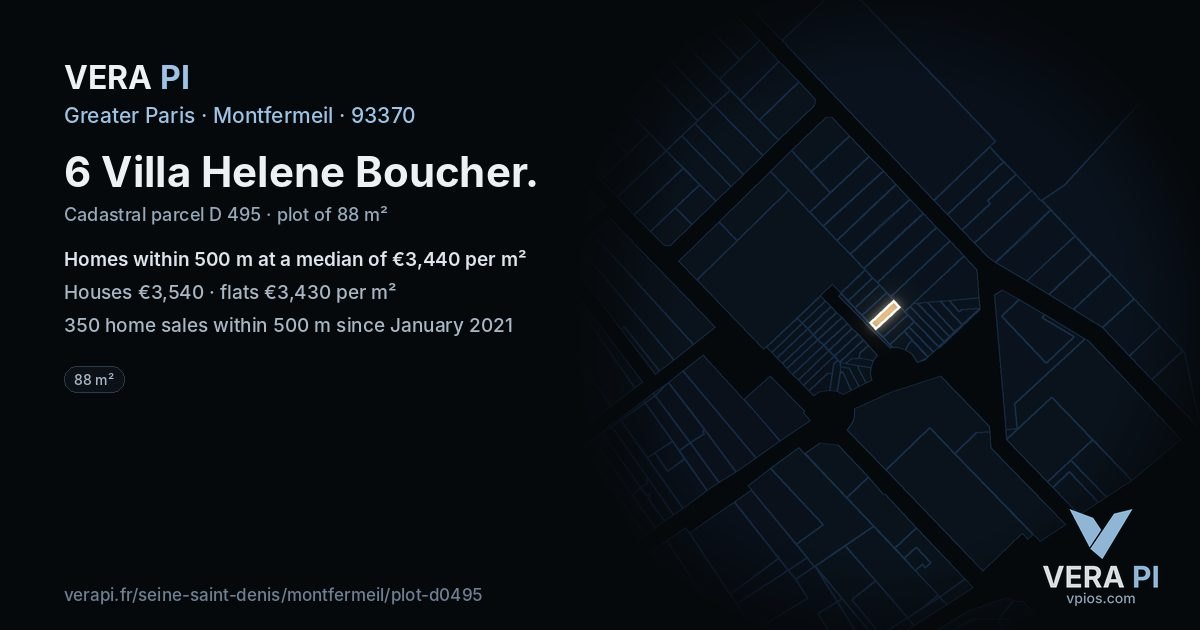 6 Villa Helene Boucher, Montfermeil at night – the plot lit, the parcels around coloured by the prices near them