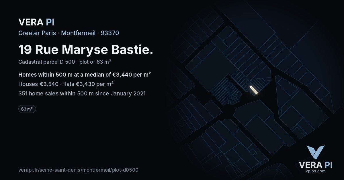19 Rue Maryse Bastie, Montfermeil at night – the plot lit, the parcels around coloured by the prices near them