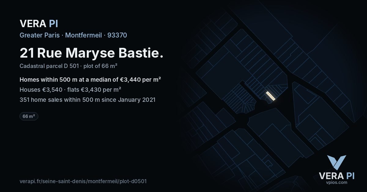 21 Rue Maryse Bastie, Montfermeil at night – the plot lit, the parcels around coloured by the prices near them
