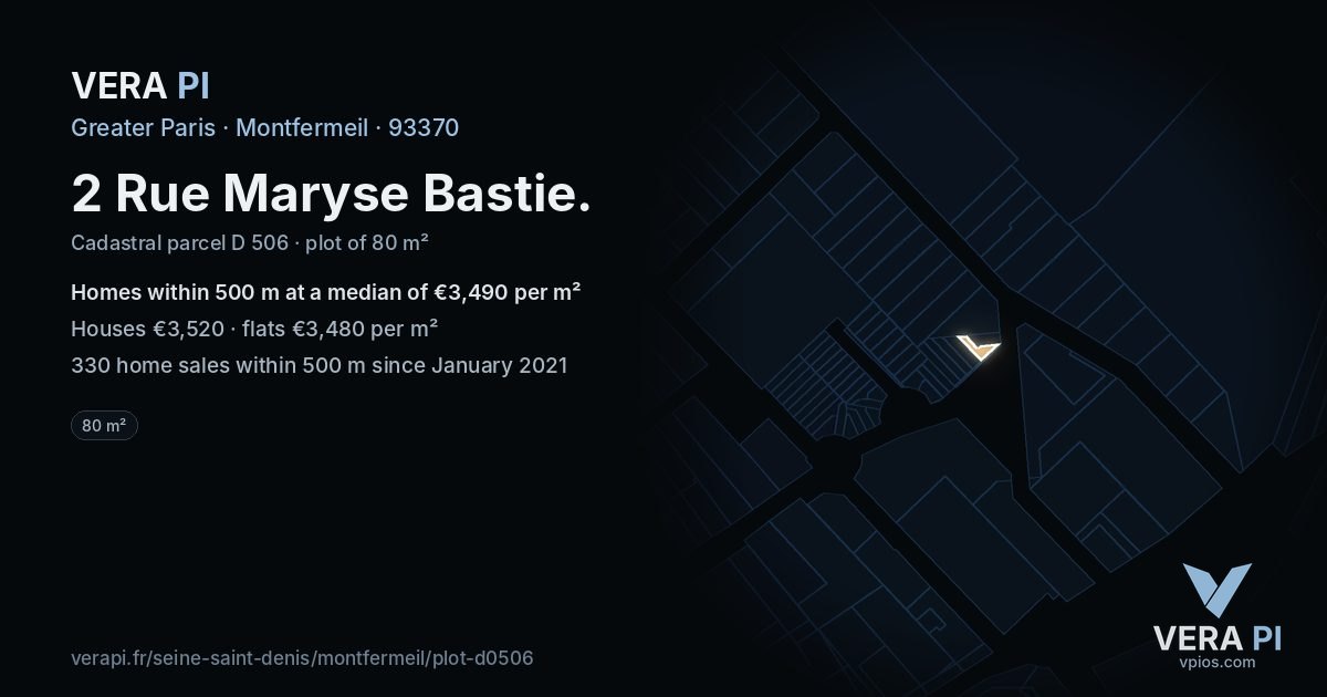 2 Rue Maryse Bastie, Montfermeil at night – the plot lit, the parcels around coloured by the prices near them