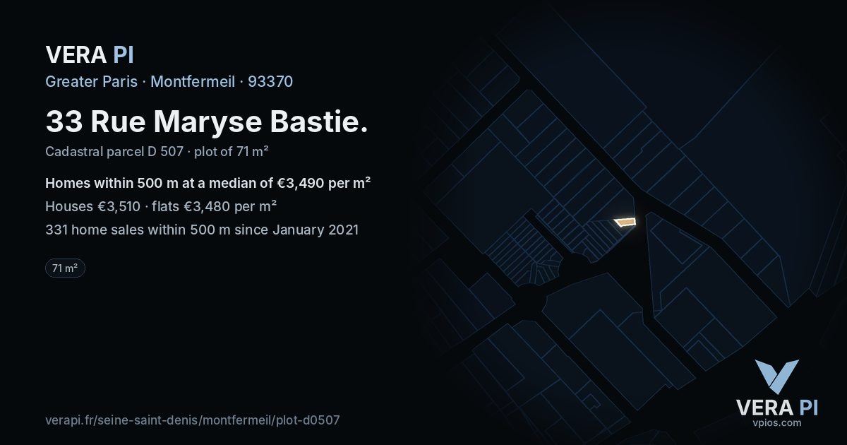 33 Rue Maryse Bastie, Montfermeil at night – the plot lit, the parcels around coloured by the prices near them