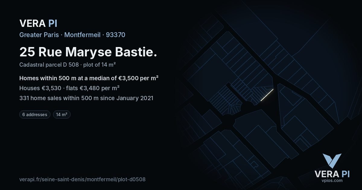 25 Rue Maryse Bastie, Montfermeil at night – the plot lit, the parcels around coloured by the prices near them