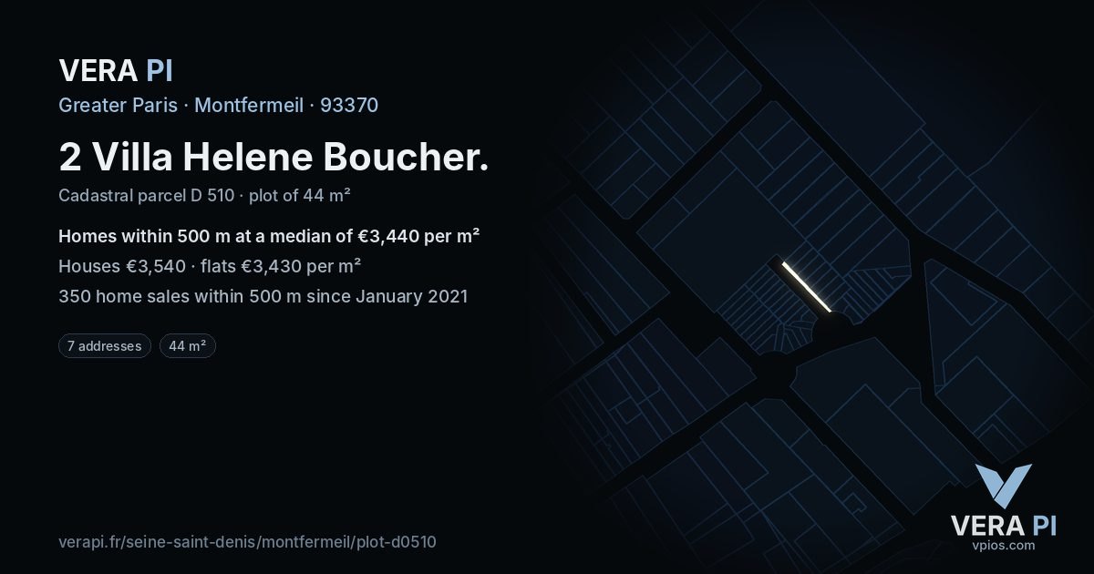 2 Villa Helene Boucher, Montfermeil at night – the plot lit, the parcels around coloured by the prices near them