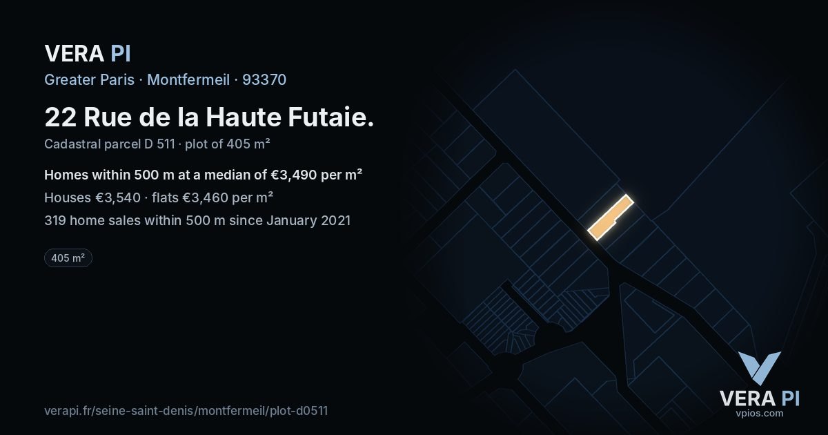 22 Rue de la Haute Futaie, Montfermeil at night – the plot lit, the parcels around coloured by the prices near them