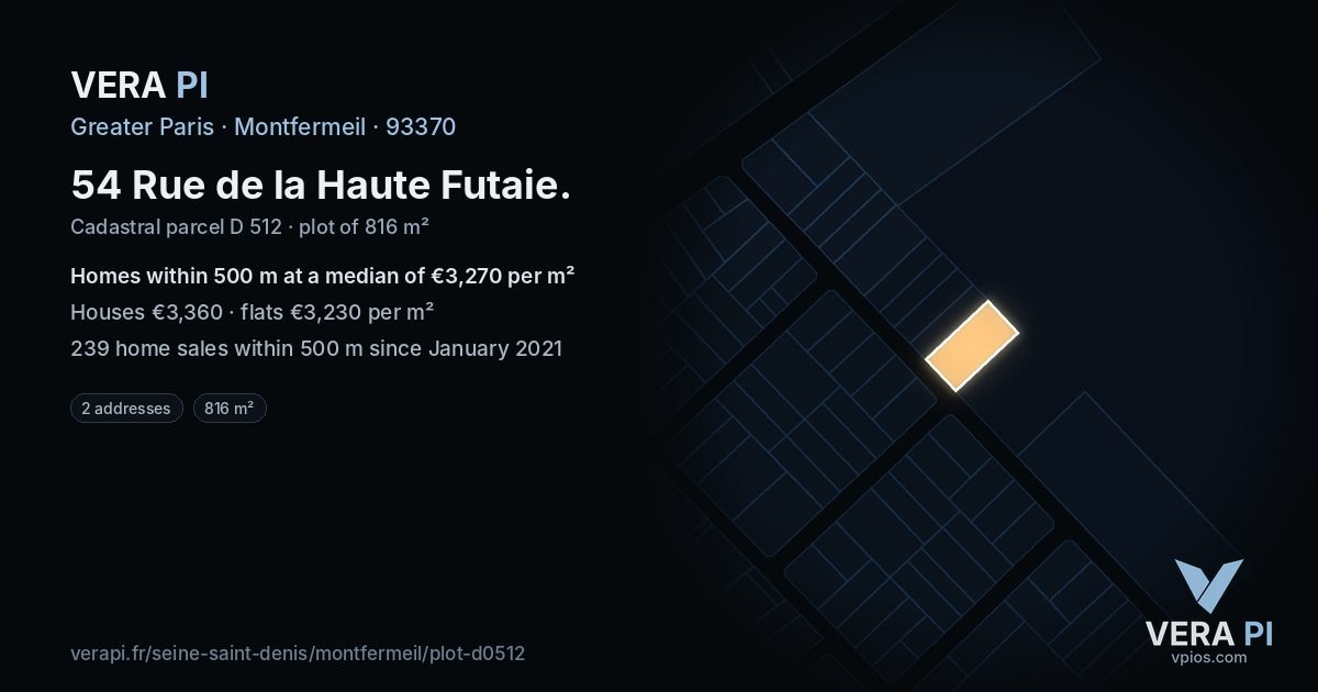 54 Rue de la Haute Futaie, Montfermeil at night – the plot lit, the parcels around coloured by the prices near them