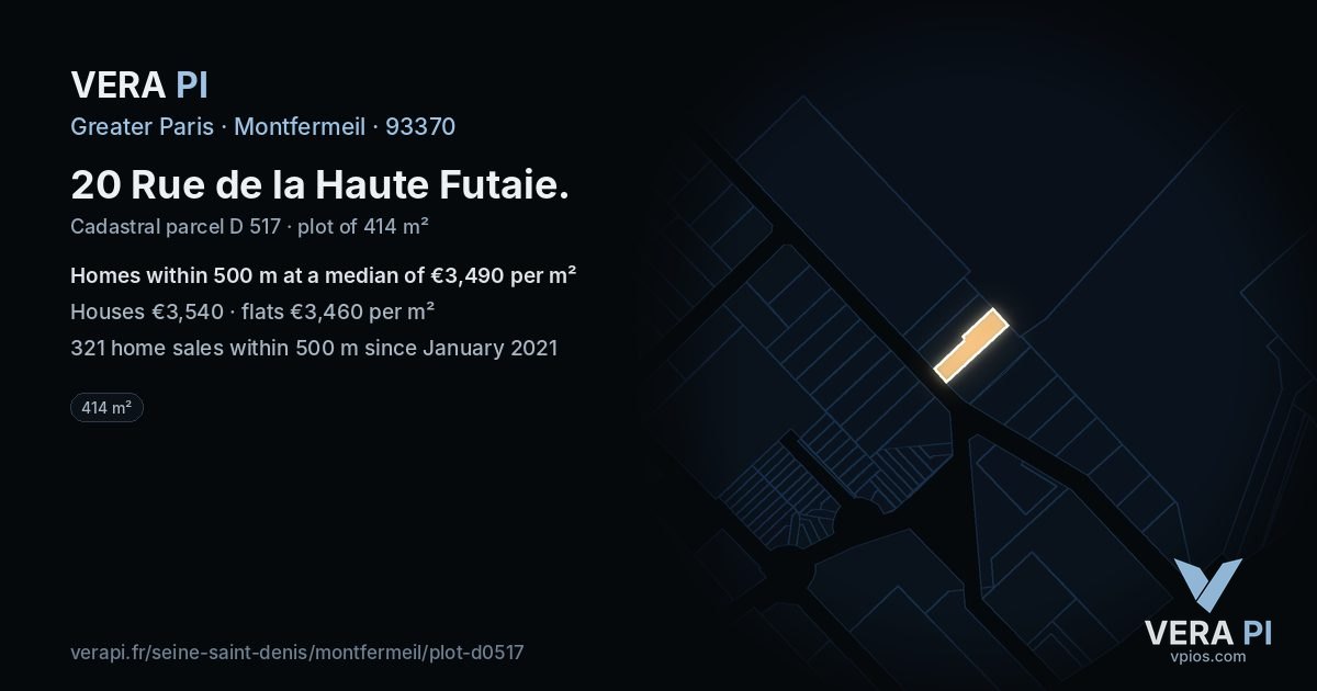 20 Rue de la Haute Futaie, Montfermeil at night – the plot lit, the parcels around coloured by the prices near them