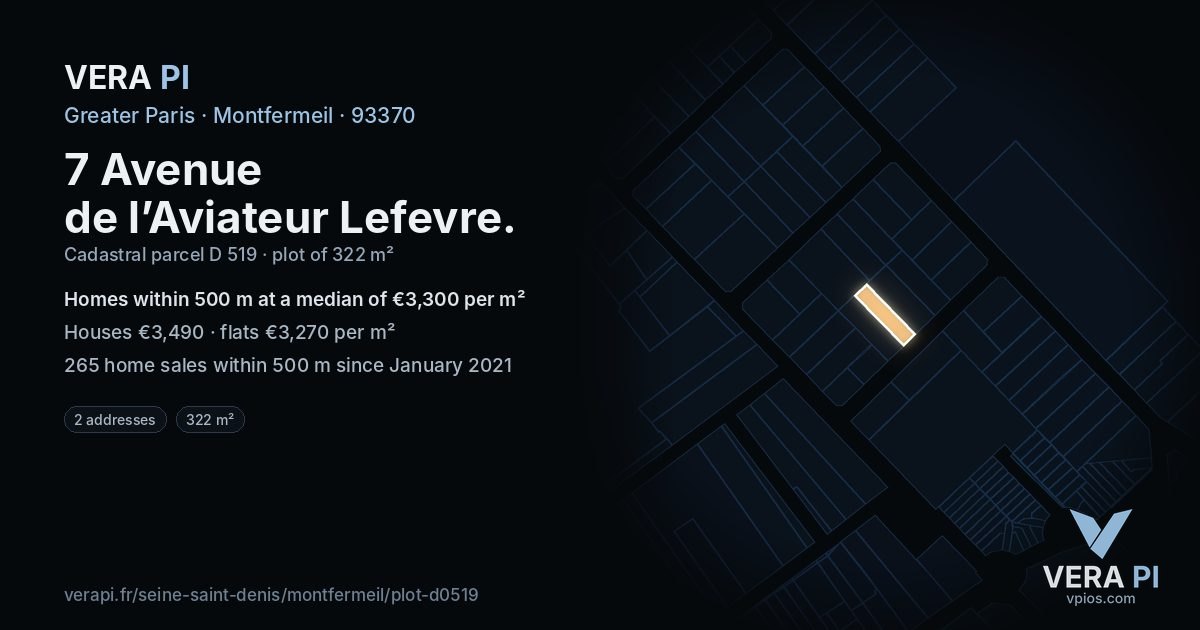 7 Avenue de l’Aviateur Lefevre, Montfermeil at night – the plot lit, the parcels around coloured by the prices near them