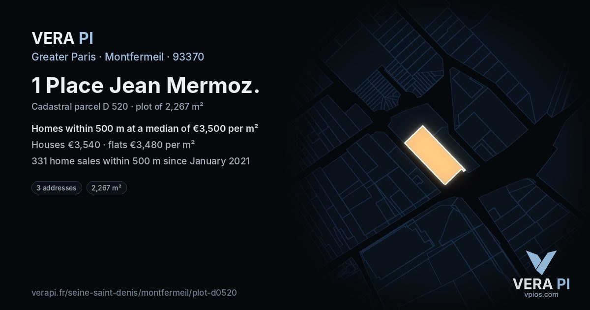 1 Place Jean Mermoz, Montfermeil at night – the plot lit, the parcels around coloured by the prices near them