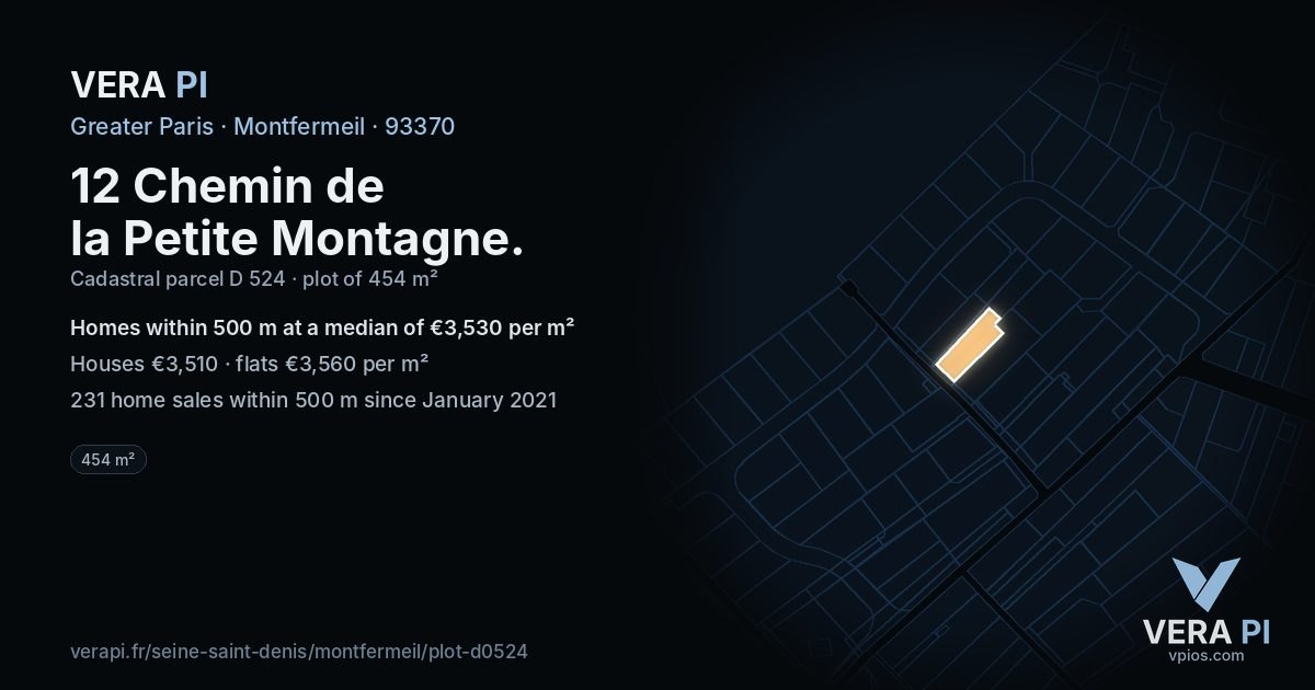 12 Chemin de la Petite Montagne, Montfermeil at night – the plot lit, the parcels around coloured by the prices near them