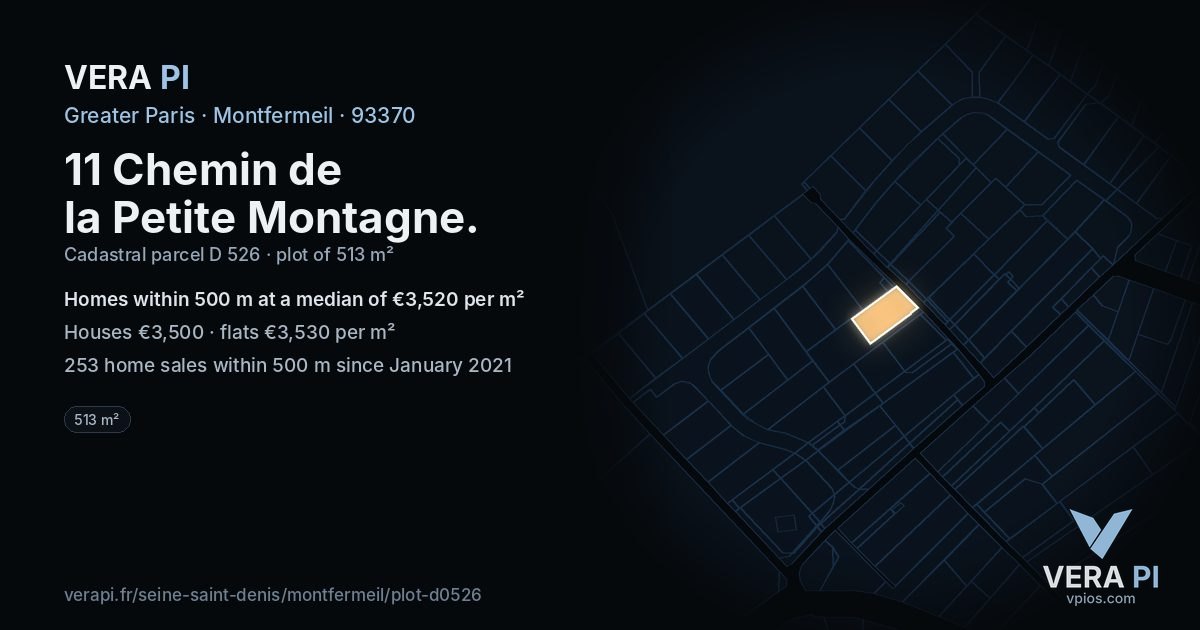 11 Chemin de la Petite Montagne, Montfermeil at night – the plot lit, the parcels around coloured by the prices near them