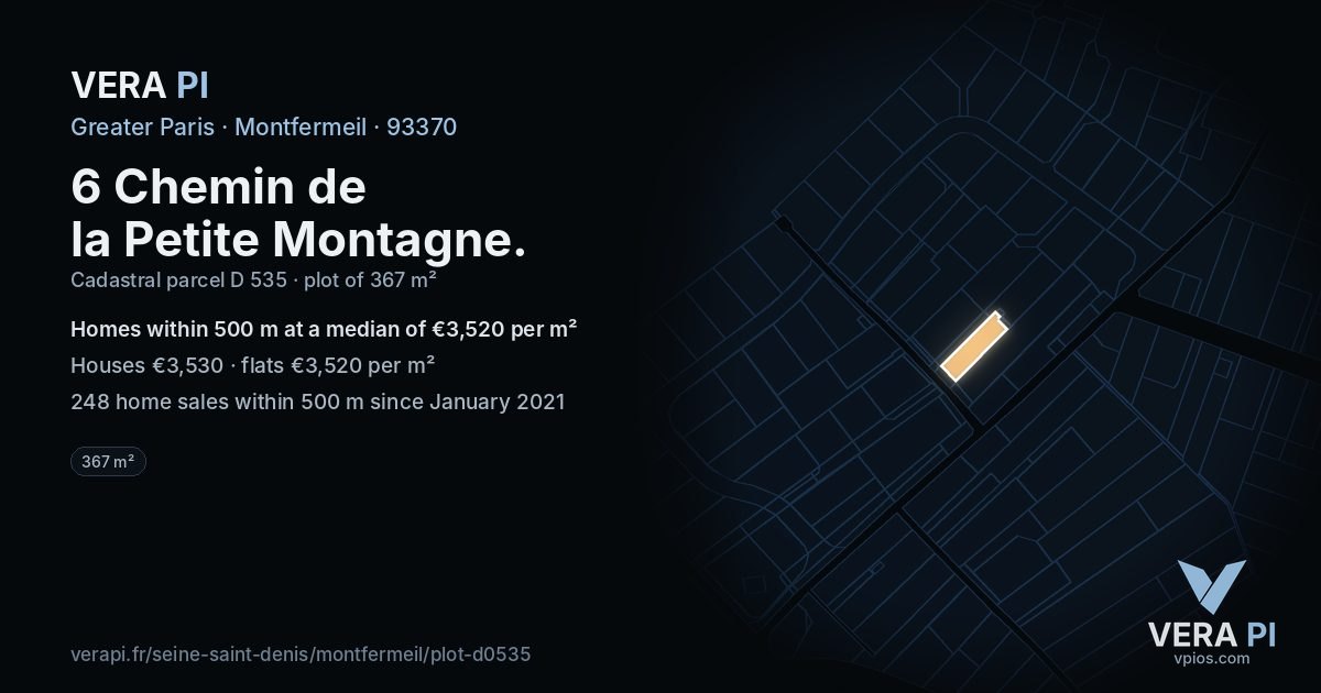 6 Chemin de la Petite Montagne, Montfermeil at night – the plot lit, the parcels around coloured by the prices near them