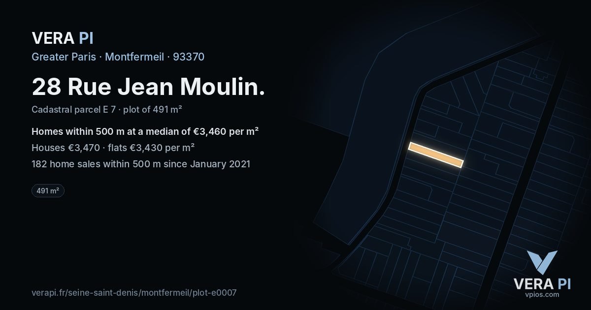 28 Rue Jean Moulin, Montfermeil at night – the plot lit, the parcels around coloured by the prices near them