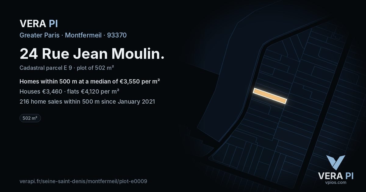 24 Rue Jean Moulin, Montfermeil at night – the plot lit, the parcels around coloured by the prices near them