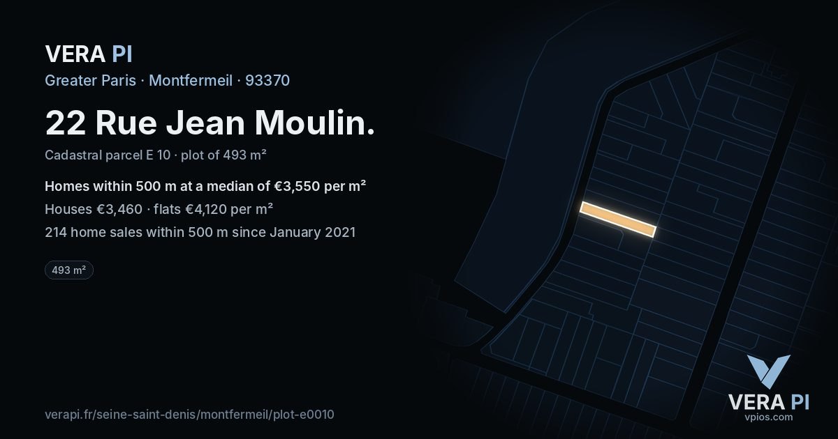 22 Rue Jean Moulin, Montfermeil at night – the plot lit, the parcels around coloured by the prices near them