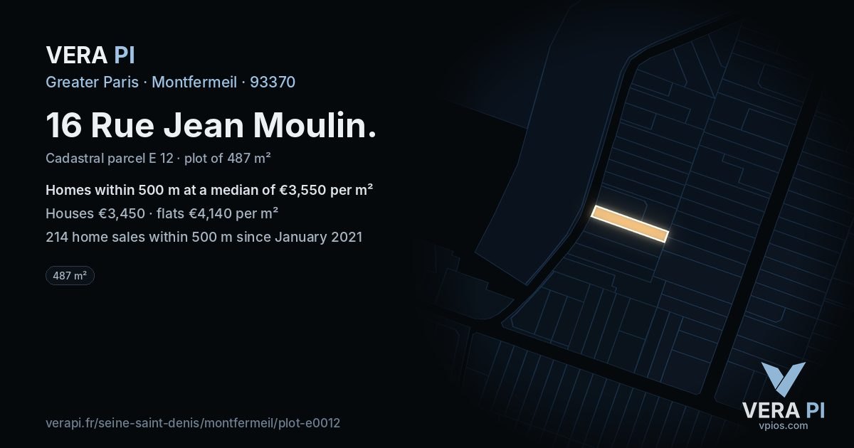 16 Rue Jean Moulin, Montfermeil at night – the plot lit, the parcels around coloured by the prices near them