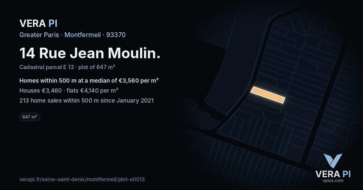 14 Rue Jean Moulin, Montfermeil at night – the plot lit, the parcels around coloured by the prices near them