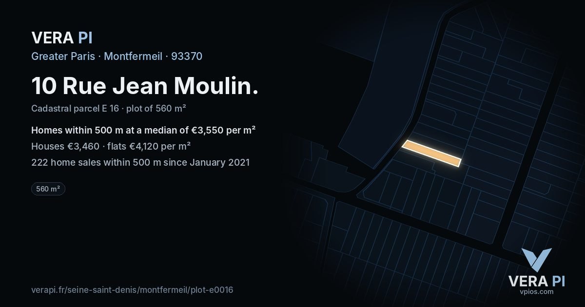 10 Rue Jean Moulin, Montfermeil at night – the plot lit, the parcels around coloured by the prices near them