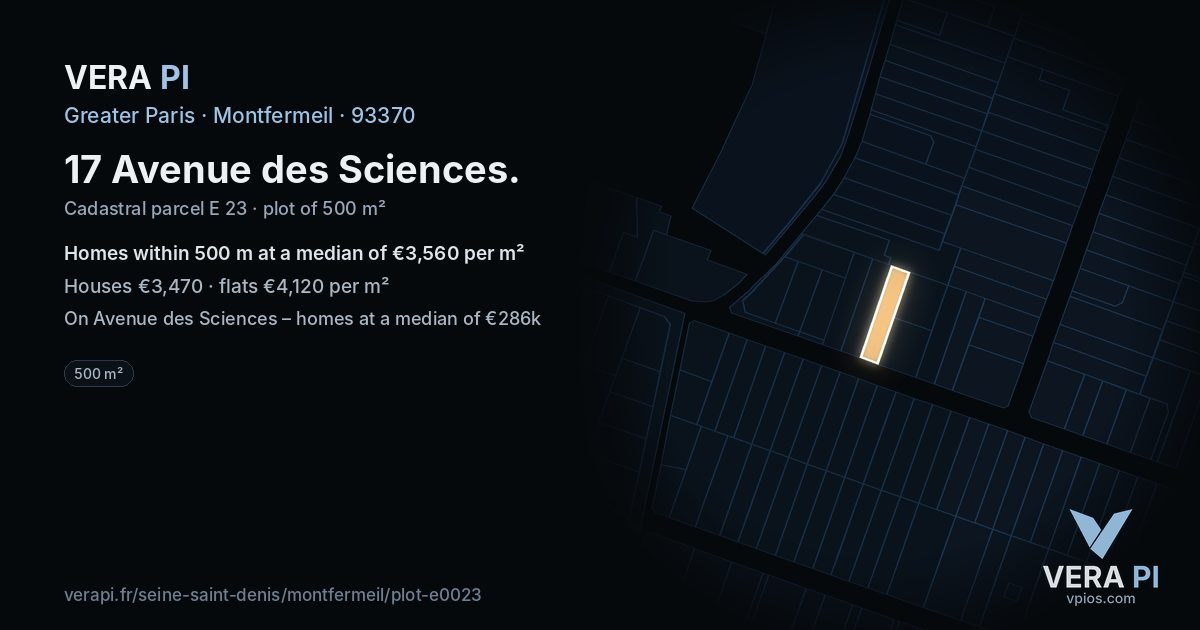 17 Avenue des Sciences, Montfermeil at night – the plot lit, the parcels around coloured by the prices near them